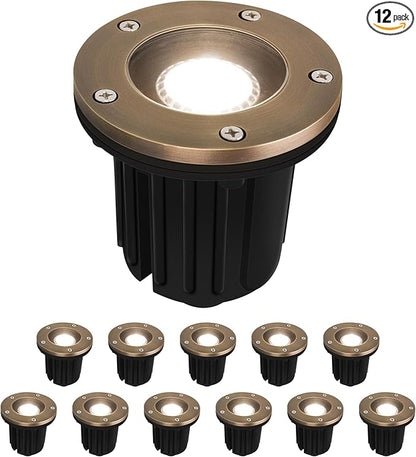 GKOLED 12V LED Brass Well Lights, In Ground Light Outdoor with MR16 Bulb and Swival Base, Low Voltage Landscape Lighting, 5W 410LM 2700K, IP67 Waterproof Up Light for Garden, Open Top, 12 Pack