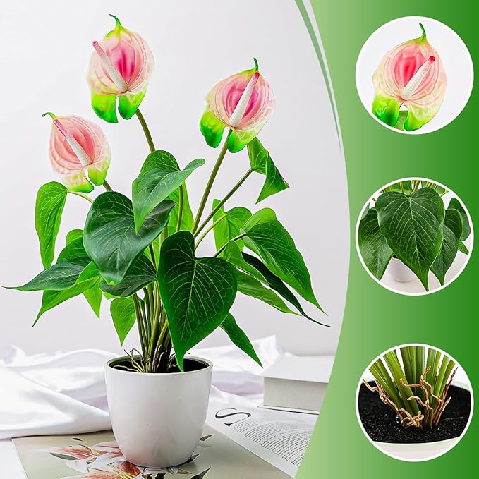 Folmywy Artificial Flower 15 Inch Anthurium Fake Plant Indoor Faux Simulation Tropical Flowers Pink in Plastic Pot Realistic Bonsai Greenery Table Centerpieces Shelf Decor Outdoor Garden
