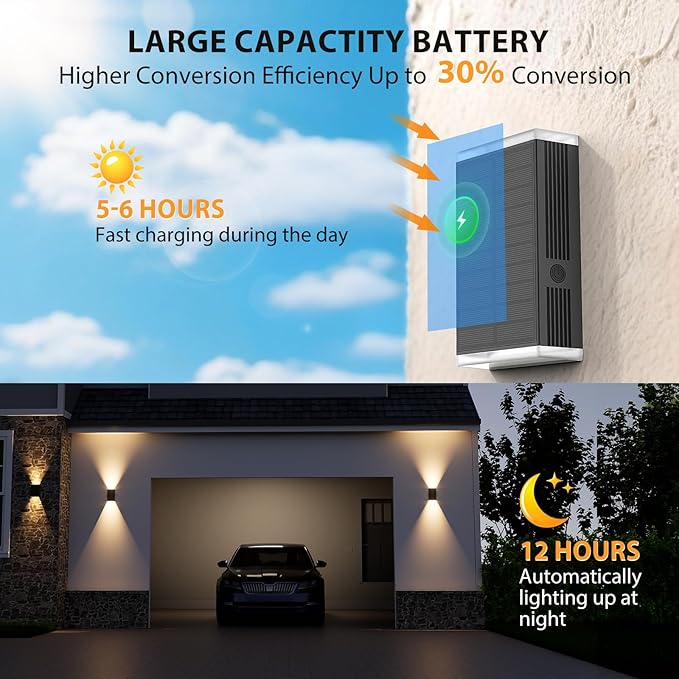 Solar Wall Light Outdoor,3000/4000/6000K 3 Modes Dusk to Dawn Lighting Wall Sconce IP67 Waterproof Up and Down Solar Lights Outdoor for House, Garage, Porch,Doorway (2 Pack)