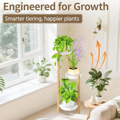 LASZOLA Bamboo White 3 Tier Heavy Duty Plant Stand Indoor, Tall Multiple Level Vertical Planter Rack for Modern Narrow Corner, Slim Spiral Flower Holder Organizer Display for House Decor, Plastic Tray
