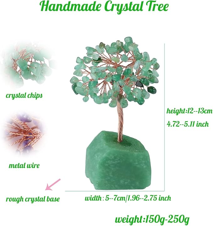 Healing Green Aventurine Crystal Tree - Natural Reiki Gemstone Base with Copper Wire - Feng Shui Money Tree for Home Office Desk Decor - Good Luck