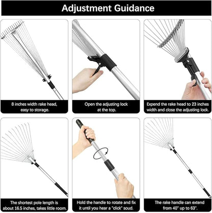 Buyplus Adjustable Garden Leaf Rake - 24 to 63 Inch Telescopic Metal Expandable Folding Leaves Rake, Metal Rake for Leaves, Yard Rakes for Lawn Yard, Flowers Beds, Black