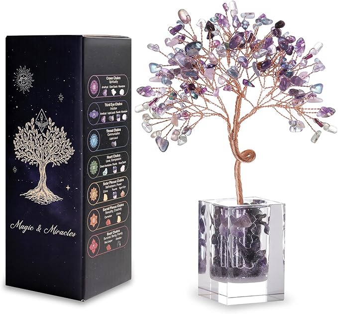 Fluorite Crystal Tree 6.5 Inch Handmade Gem Tree with 147 Stones Office Home Room Decor, Healing Energy Plant for Desk, Gift for Women and Men, Spiritual Meditation Decor