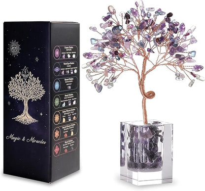 Fluorite Crystal Tree 6.5 Inch Handmade Gem Tree with 147 Stones Office Home Room Decor, Healing Energy Plant for Desk, Gift for Women and Men, Spiritual Meditation Decor