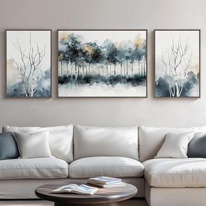 Large Framed Blue Abstract Tree Wall Art for Living Room, 3 Piece Modern Nature Gray Forest Canvas Artwork Set, Watercolor Landscape Farmhouse Art Prints for Hallway Bedroom Kitchen Home Office Decor