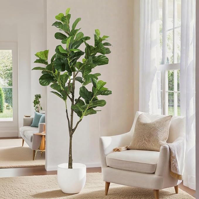 6.23ft Ficus Artificial Fiddle Leaf Tree, Lifelike Faux Lyrata Trees, Green Lush Fake Fig Tree Floor Tall Plants for Office Home Living Room Indoor Outdoor Modern Decor, Perfect Housewarming Gift