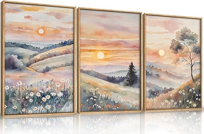 Ausril Watercolor Boho Sunset Framed Canvas Wall Art Set, Colorful Flower Wall Decor, Nature Daisy Wall Painting, Pink Wildflower Scenery Art Print for Living Room, Bedroom, Office, Hallway 24"X36"X3