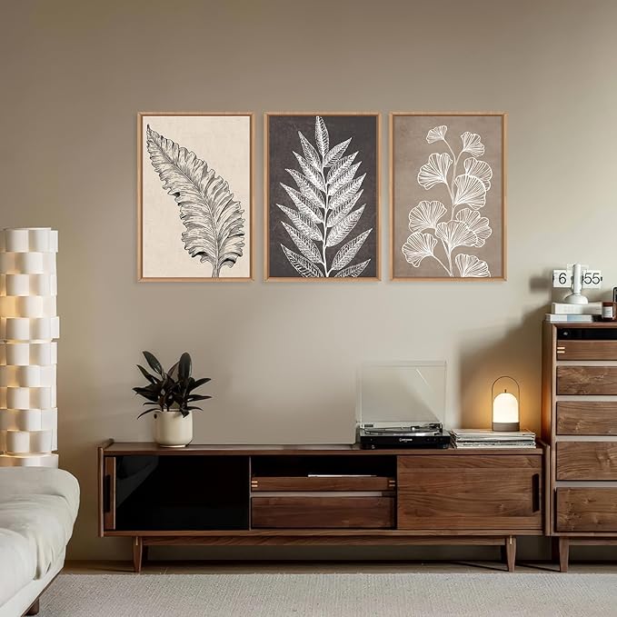 HOURIA Abstract Boho Fern Leaf Floral Framed Canvas Wall Art Set,Vintage Botanical Leaves Wildflower Decor,Modern Minimalist Nature Inspired Beige & Brown Artwork for Living Room,Farmhouse-16 x24 x3