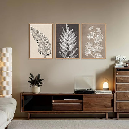 HOURIA Abstract Boho Fern Leaf Floral Framed Canvas Wall Art Set,Vintage Botanical Leaves Wildflower Decor,Modern Minimalist Nature Inspired Beige & Brown Artwork for Living Room,Farmhouse-16 x24 x3