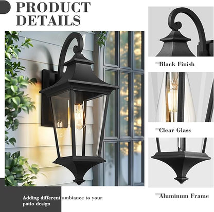 Emliviar 29.3 Inch Trendy Outdoor Wall Sconce, Large Exterior Wall Light for Porch Patio, Clear Glass in Black Finish, XE292B-L BK