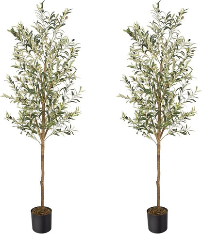 Artificial Fake Olive Tree 6FT Tall 2Pack Faux Silk Olive Tree for Home Living Room Office Decor Faux Artificial Plants Indoor Fake Potted Plants with Fruit & Free Moss