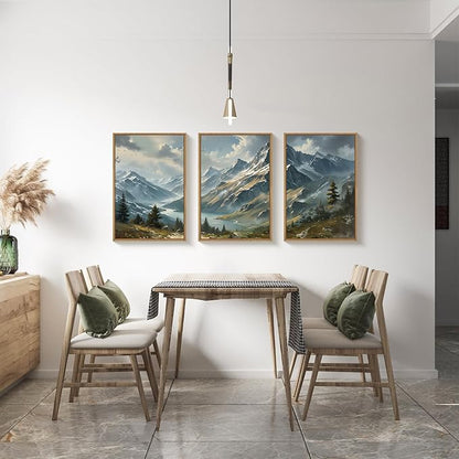 Ausril Nature Mountain Ridge Framed Canvas Wall Art Set, Woodland Landscape Wall Decor, Cloud Misty Forest Wall Painting, Boho Pine Tree River Art Print for Living Room, Bedroom, Office - 16"X24"X3