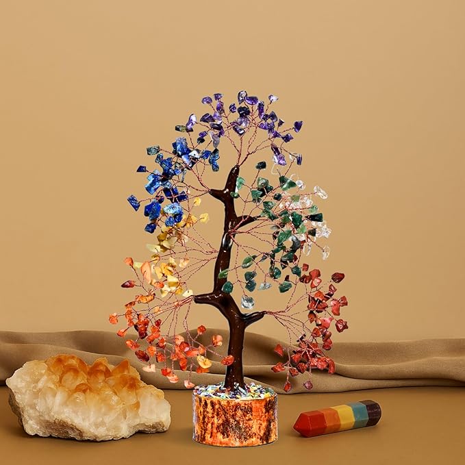 Seven Chakra Artificial Tree with Copper Wire – Crystal Healing Bonsai Tree for Positive Energy, Home Décor & Meditation