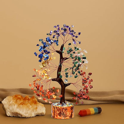 Seven Chakra Artificial Tree with Copper Wire – Crystal Healing Bonsai Tree for Positive Energy, Home Décor & Meditation