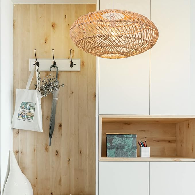Arturesthome Natural Rattan Pendant Light, Woven Round Chandelier Pendant Lamp Shade, Hanging Ceiling Light, Handmade Lampshade for Kitchen Island Dining Room Hallway Foyer