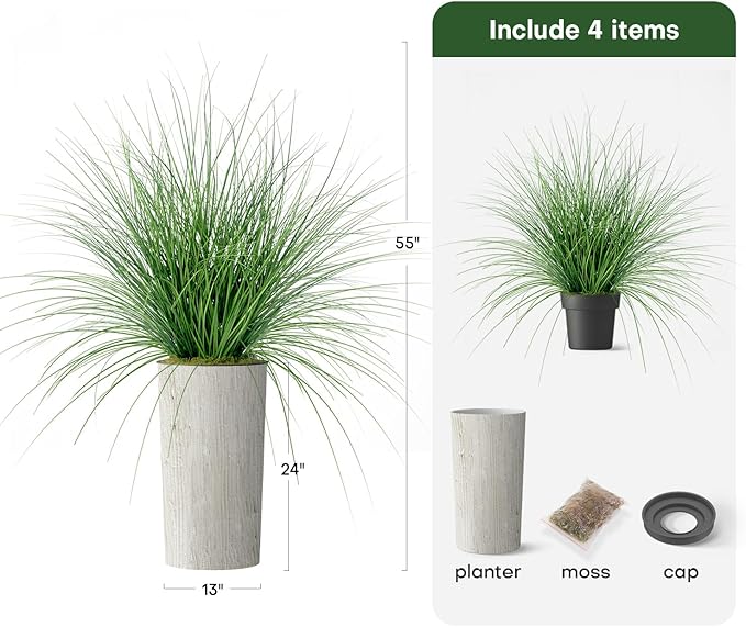 Artificial Tree in Modern Swirl Pattern Planter, Fake Onion Grass Silk Tree for Indoor and Outdoor Home Decoration - 55" Overall Tall (Plant Pot Plus Tree)