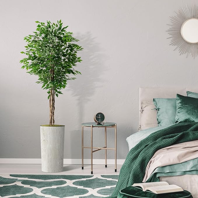 Artificial Tree in Modern Swirl Pattern Planter, Fake Ficus Silk Tree for Indoor and Outdoor Home Decoration - 75" Overall Tall (Plant Pot Plus Tree)