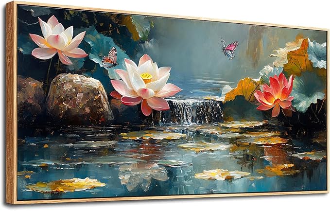 Anolyfi Lotus Canvas Large Framed Wall Art for Living Room, Lotus Wall Decor Zen Yoga Painting Artwork for Spa Bedroom Hallway Dining Room Office Home Decor, 40"x20"