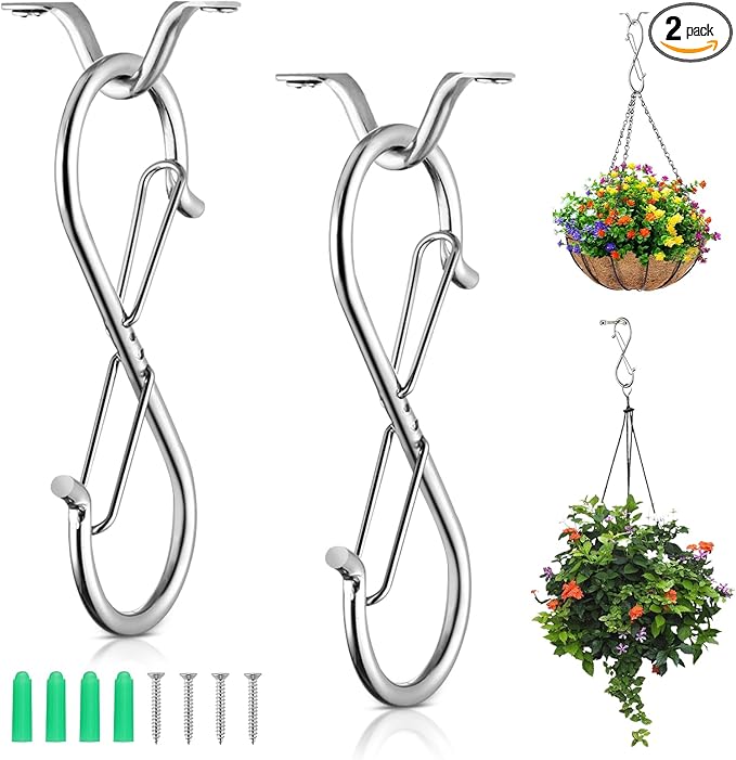 Dual Locking Heavy Duty Ceiling Hooks for Hanging Plants 55LB Max Load Plant Hooks for Hanging Plants Outdoor Indoor, for Bird Feeder, Wind Chimes,Garden Patio Balcony (2, Silver)