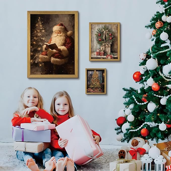 Wood Framed Vintage Santa Claus Wall Art, Classic Christmas Canvas Oil Painting, Rustic Holiday Winter Home Wall Decor Picture, Christmas Gift for Living Room Bedroom Kids Room 8x10 Inch