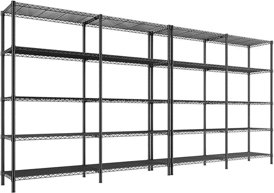 REIBII 5 Tier Wire Shelving Storage Shelves Loads 1430LBS, 58" W Metal Shelving Unit for Storage Adjustable Heavy Duty Garage Shelving Pantry Shelves Kitchen Shelving, Black, 2 Pack