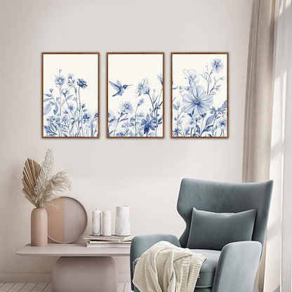 HLNIUC Bule Flower Bird Wall Art Set,Large Canvas Wall Art Blue White Wildflower Poster,Farmhouse Vintage Blue Bird Blossoms Canvas Painting,Botanical Floral Art Print for Living Room Bedroom-16"x24"x3