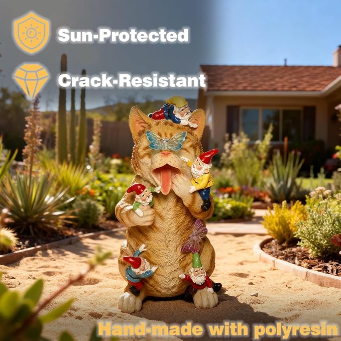 Solar Funny Garden Gnomes Kitty Figurine Colorful Gradent LED Lights Decorations for Yard Sculpture Outdoor Statue