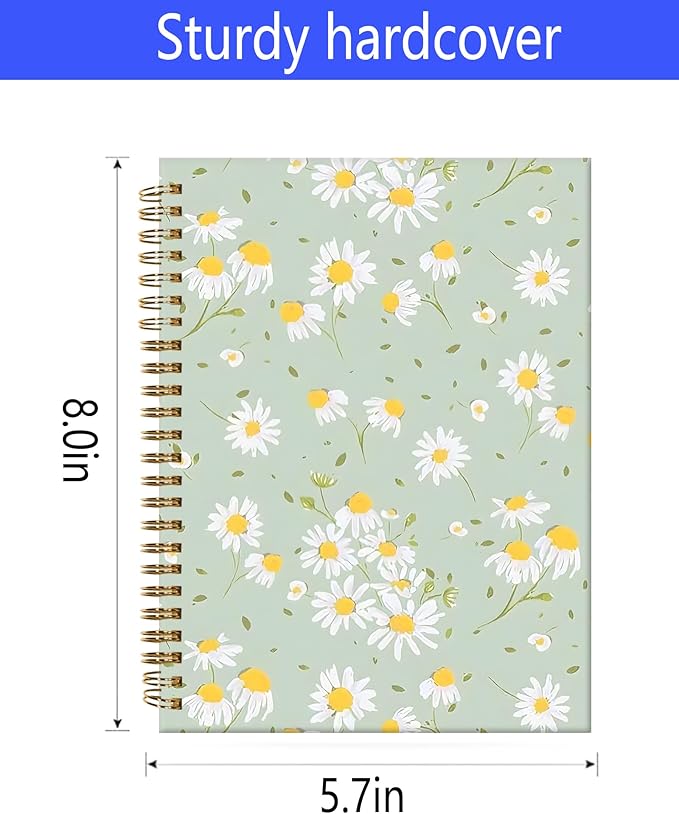 Spiral Journal Notebook,A5 Hardcover Lined Journals for Women Girl 6 x 8.3 in,120 Pages Thick Paper,Cute College Ruled Writing Notebook for Gifts Office Work School(Cute Green Daisy)