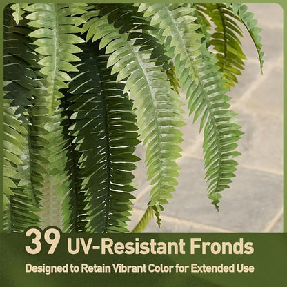48" Boston Ferns Artificial Outdoor Plants - 39 Fronds UV Resistant Faux Greenery with Taper Planter- Realistic Fake Bushes Front Porch Decor for Garden, Patio, Indoors - Set of 1, VN153