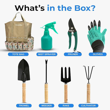 Scuddles 8-Piece Garden Tool Set with Bag, Stainless Steel Tools, Wooden Handles and Fingertip Claw Gloves for Digging, Landscaping and Heavy Gardening