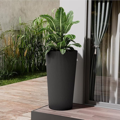 Tall Outdoor Planter Set of 2-23.6" Large Striped Plastic Flower Pots, Decorative Indoor/Outdoor Planters for Porch, Patio, Balcony & Garden, Black