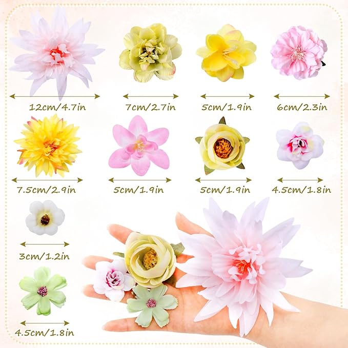 80 Pcs Assorted Fake Flower Heads Mini Artificial Flower Heads Bulk Silk Faux Daisy for Crafts Fake Peony Rose for Wedding Party Wreath Home Decoration (Pink, Green, Yellow)