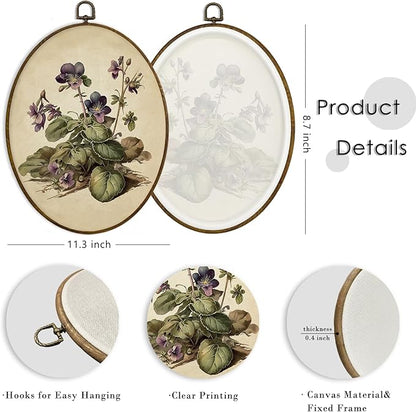 MAQIKA Vintage Flower Oval Framed Wall Art Decor, Floral Wall Decor, Wildflower Oval Wall Hanging Decor, Vintage Purple Botanical Canvas Prints Wall Art for Bedroom Living Room, 8.7x11.3 Inch