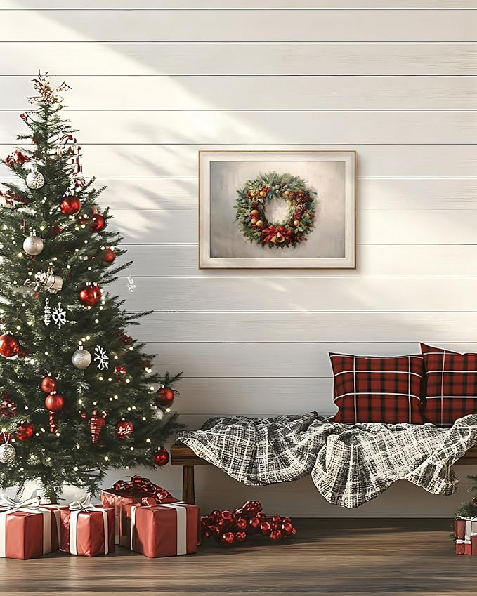 InSimSea Christmas Decor Framed Wall Art, Christmas straw wreath Canvas Painting, Pleasant Holiday decor Unique Christmas Gifts For Table Wall Farmhouse Mantel Home Office 12L x 16W