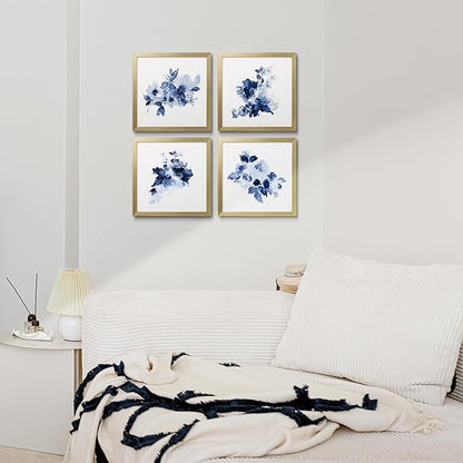 ArtbyHannah Framed Bathroom Wall Decor, Navy Blue Wall Art with Gold Frame and Watercolor Floral Prints Pictures for Kitchen Bedroom Home Decorations (4 Pack, 10x10 Inch)