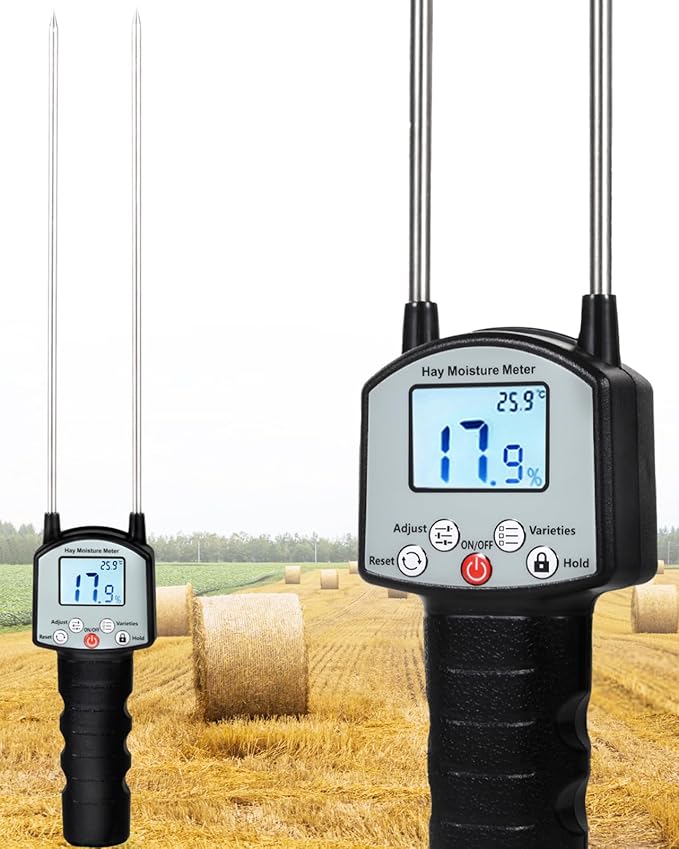 Hay Moisture Tester, Portable Hay Moisture Meter, Hay Bale Moisture Tester with Dual Probe, Forage Moisture Tester with Automatic Temperature Compensation for Alfalfa, Forage, Orchard Grass, Bales