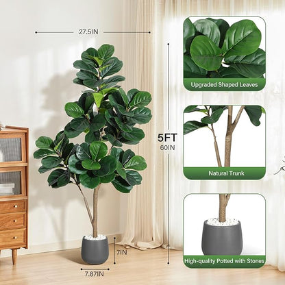 5 ft Fiddle Leaf Fig Tree Artificial with 77 Leaves - Realistic Faux Ficus Lyrata Trees in 7.8 in Grey Planter Pot, Indoor Fake Floor Plants for Home Office Living Room Decor, Housewarming Gift