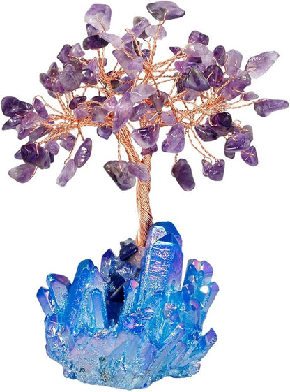 mookaitedecor Amethyst Crystal Tree, Quartz Cluster Blue Titanium Crystals Base Bonsai Money Tree for Wealth and Luck