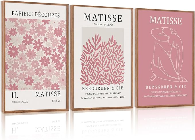 HLNIUC Matisse Pink Wall Art,Neutral Pink Flower Framed Canvas Wall Decor Set of 3(16”x24’) Modern Aesthetic Pictures Wall Painting,Abstract Flower Market Art Print for Living Room,Bedroom