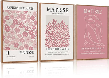 HLNIUC Matisse Pink Wall Art,Neutral Pink Flower Framed Canvas Wall Decor Set of 3(16”x24’) Modern Aesthetic Pictures Wall Painting,Abstract Flower Market Art Print for Living Room,Bedroom