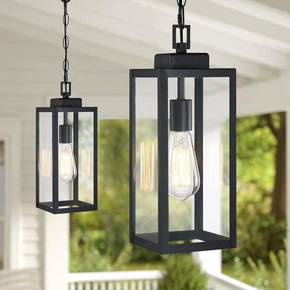 2 Packs 15'' Large Outdoor Pendant Light, Modern Outside Chandelier Outdoor Hanging Lantern Light, Matte Black with Clear Glass, Exterior Pendant Lighting Fixture Ceiling Mount for Porch, Gazebo