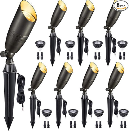 Gardenreet Spot Light Brass - Outdoor Landscape Spotlights LED, 12V Low Voltage Landscaping Uplights, Hard-Wired All Weather Bronze for Backyard Lawn with Cold White Changeable Bulbs (8 Pack)