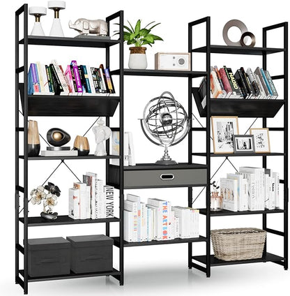 NUMENN Triple Wide 5 Tier Bookshelf, Adjustable Rustic Industrial Style Book Shelves, Modern Bookcases and Bookshelves Furniture for Bedroom, Living Room and Home Office, Elegant Black