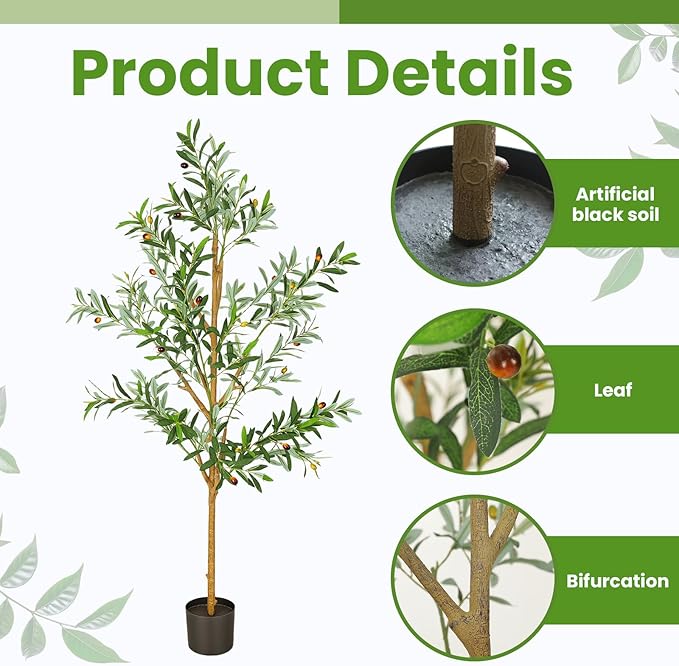 Olive Artificial Trees, 5FT Tall Faux Olive Tree for Indoor and Outdoor, Artificial Plants with Basic Planter, Lifelike Fruits and Realistic Wood Trunk for Home Office Decor