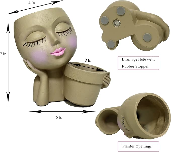 Face Planters Pots Head Planter, Unique Plant Pots for Indoor Outdoor Plants, Novelty Cute Large Girl Head Flower Pots with Drainage Hole for Home Garden Succulents Cactus