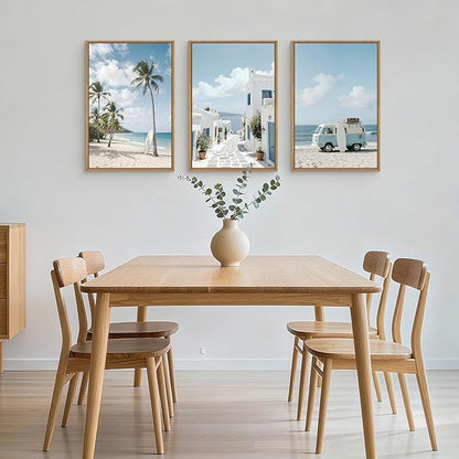 Large Summer Coastal Framed Canvas Wall Art Set,Modern Beach Surfboard Wall Decor,Seaside Palm Tree Art Prints,Vintage Blue Van Artwork for Living Room,Bedroom,Office -24"x36"x3