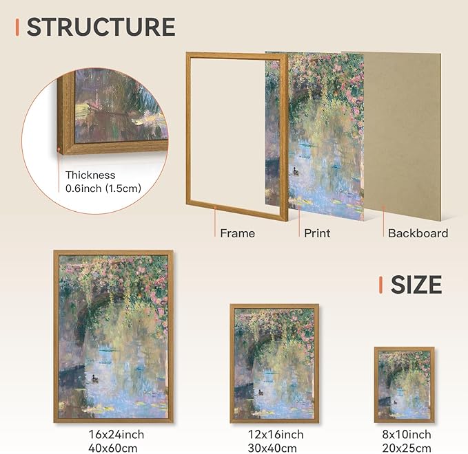 CAZLOUC Vintage Monet Floral Wall Art, Rustic Still Life Canvas Painting, Impressionist Pond Duck Wall Decor, Watercolor Botanical Landscape Poster Print for Bedroom Bathroom Wood Framed 12x16 Inch