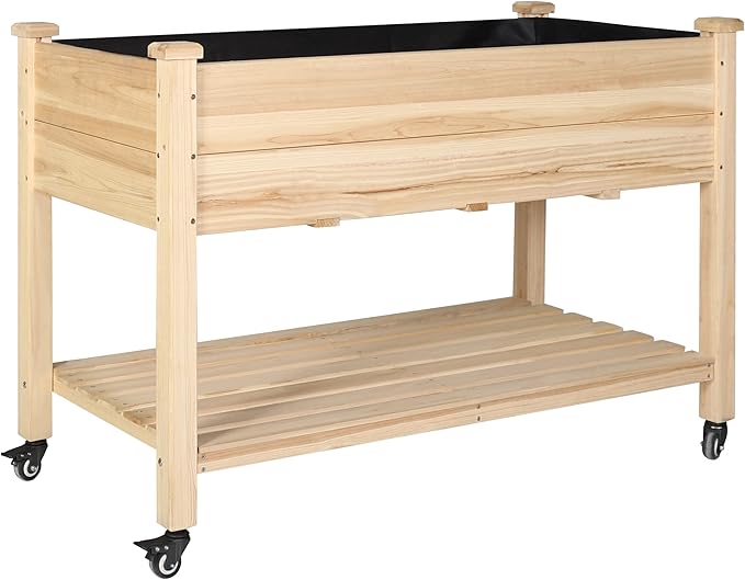 48x24x33in Raised Garden Bed Featuring Legs, Outdoor Elevated Wood Planted Box Equipped with Wheels & Shelf for Vegetable, Flower, Backyard and Patio, Natural