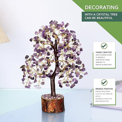 NARIBABU Amethyst Crystal Tree – 10-12 Inch Gemstone Tree with Golden Wire & Wooden Base – Spiritual Gift, Gifts for Her, Healing Crystals Decor, Birthday Gift for Women, Reiki Energy