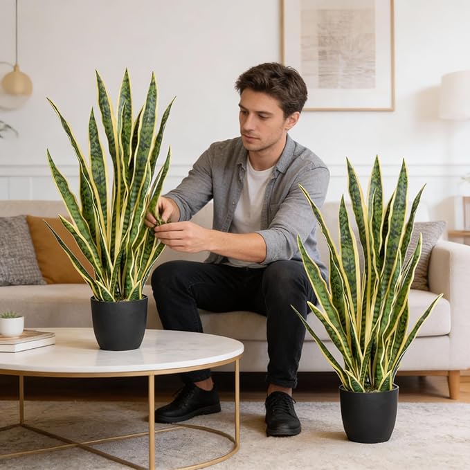 Artificial Snake Plant, 27" Fake Sansevieria with Basket, Faux Plant for Indoor Home Office Desktop Decoration, Perfect Faux Mother in Law Plants 2PCS